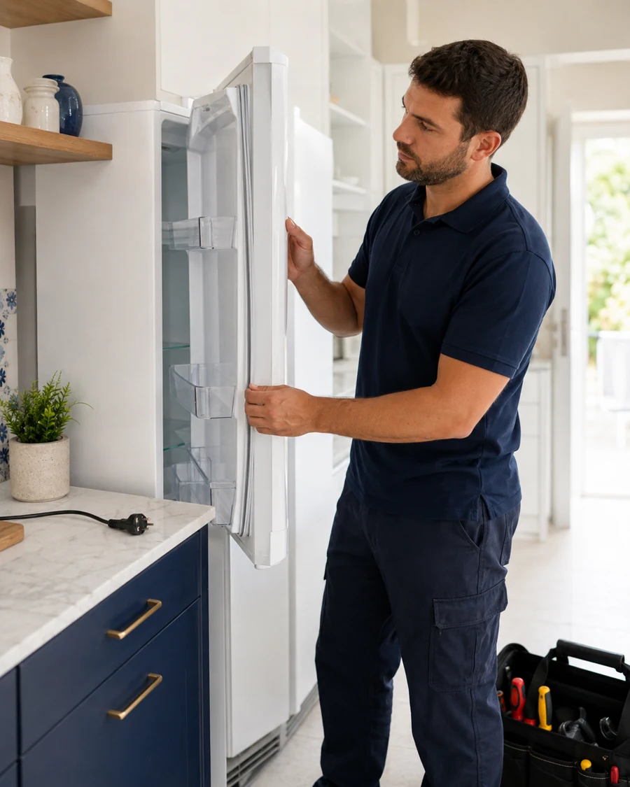 Técnico inspecionando uma geladeira residencial